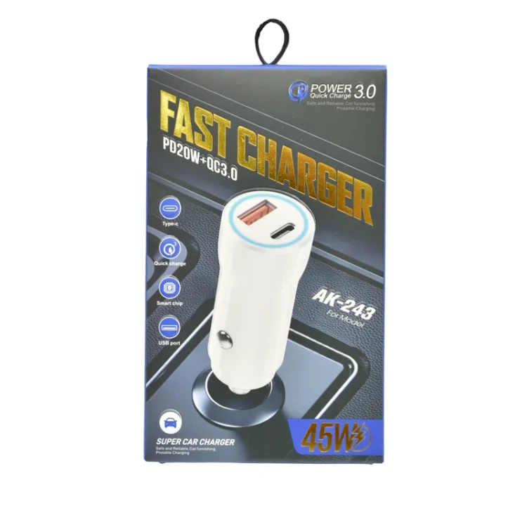 شارژر فندکی 45 وات مدل AK-243 | شارژ سریع QC 3.0 و PD